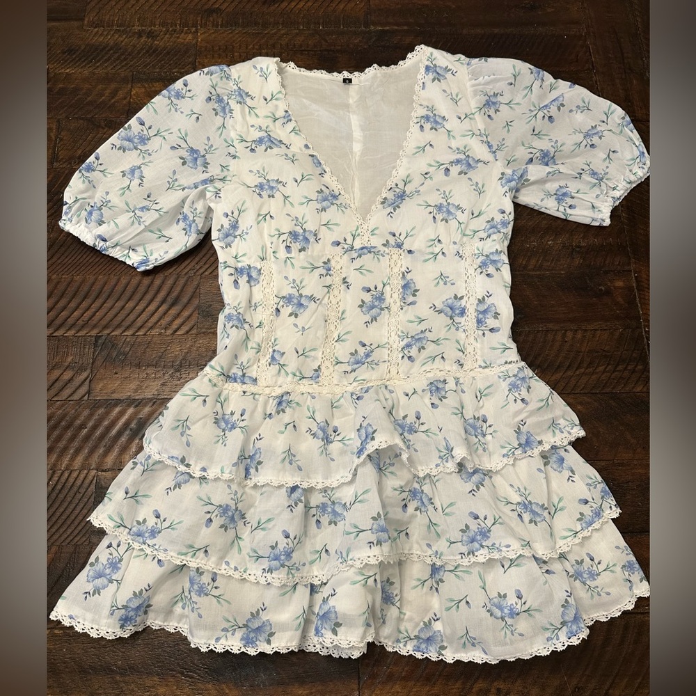 Blue and White Floral Ruffle Short Dress